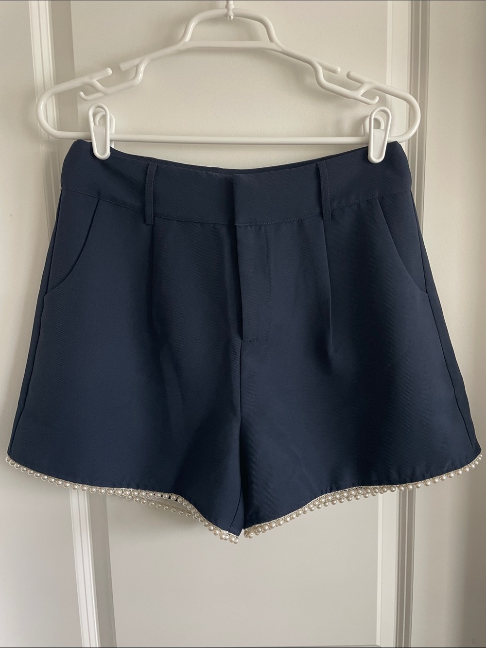 High-Waist Navy Pearl-Hem Women's Dress Shorts